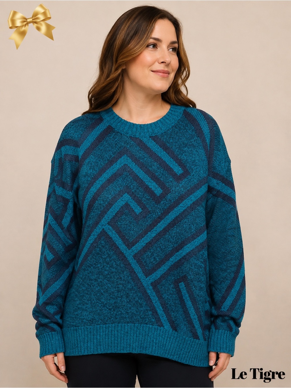 Vintage 1980s Le Tigre XL Teal Geometric Sweater Made in USA